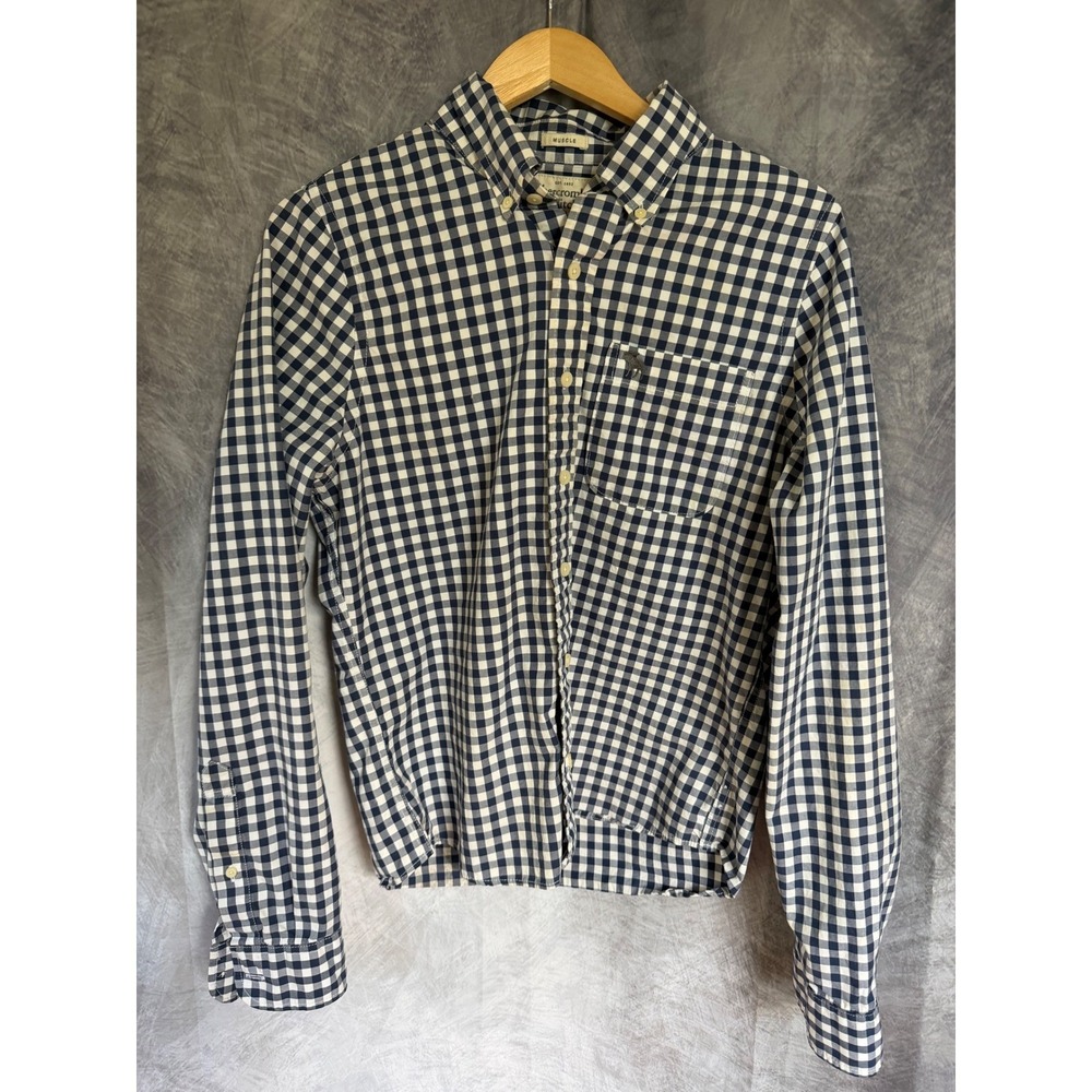 Abercrombie‎ & Fitch Mens Cottagecore Gingham Button Down Shirt Navy White Large